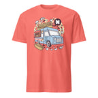 Coral t-shirt with a hot dog van graphic on a white background