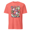 Coral t-shirt with cartoon character and egg plant design on a white background