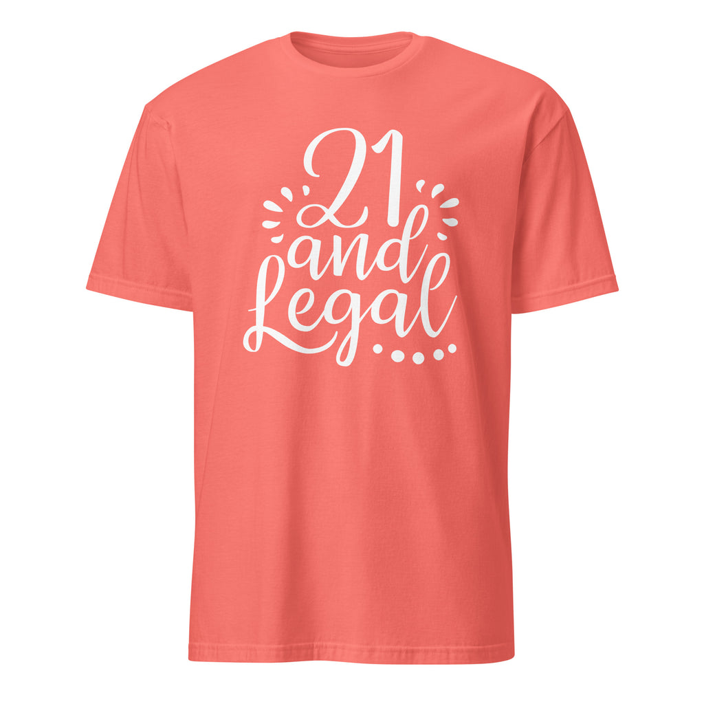 Coral t-shirt with '21 and Legal' text on a white background