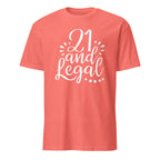 Coral t-shirt with '21 and Legal' text on a white background