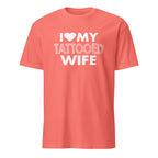 Coral t-shirt with 'I ❤️ MY TATTOOED WIFE' text on a white background