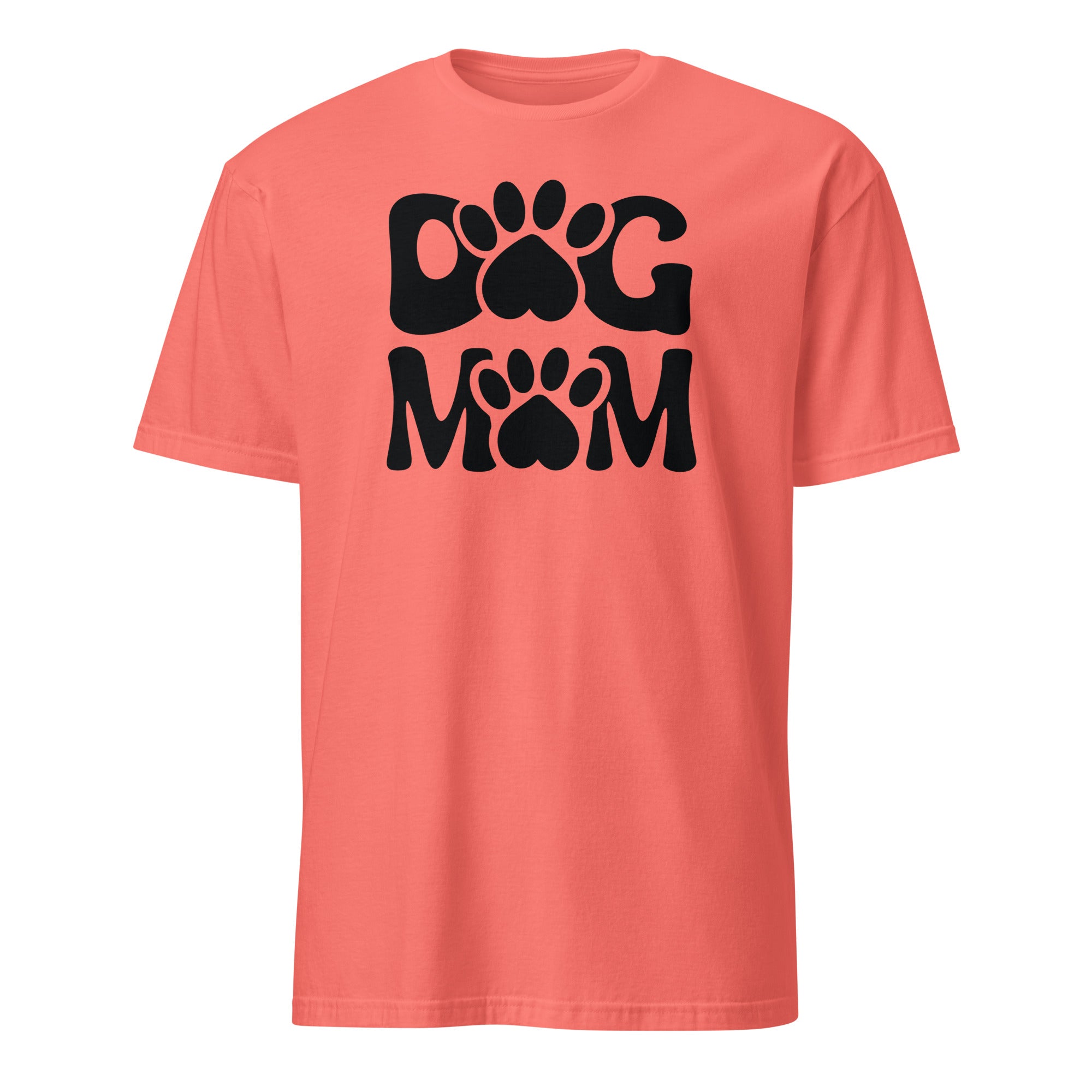 Coral t-shirt with 'Dog Mom' text and paw prints on a white background