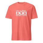 Coral t-shirt with 'Life Is Great, Pets Make it better' design on a white background