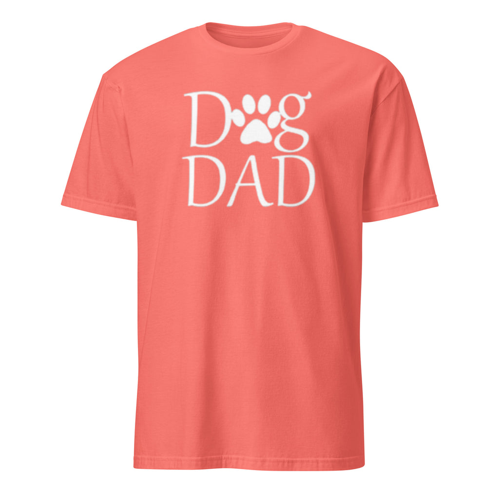 Coral t-shirt with 'Dog Dad' text and Paw on a white background