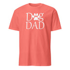 Coral t-shirt with 'Dog Dad' text and Paw on a white background
