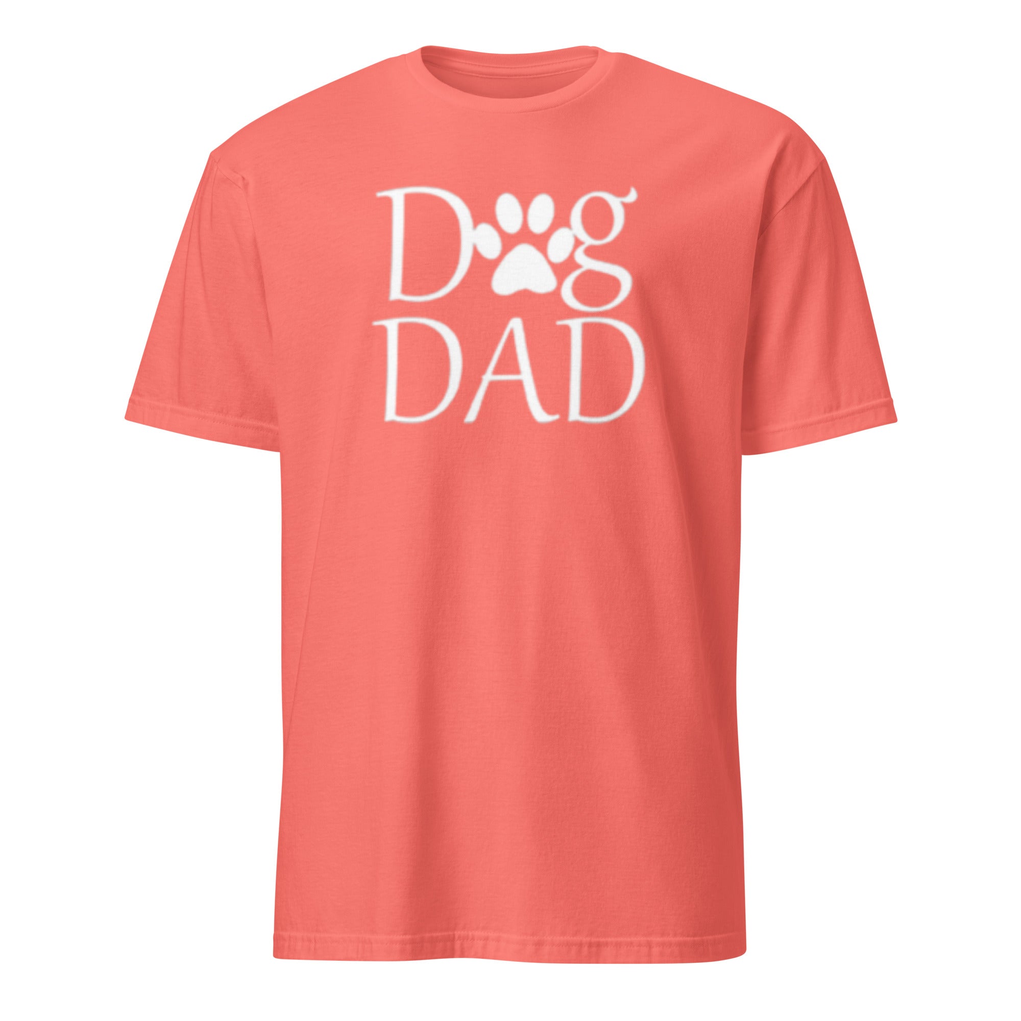 Coral t-shirt with 'Dog Dad' text and Paw on a white background