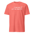 Coral t-shirt with white text and paw prints on a white background