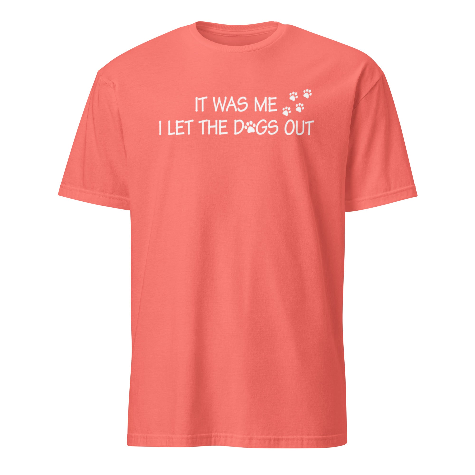 Coral t-shirt with white text and paw prints on a white background