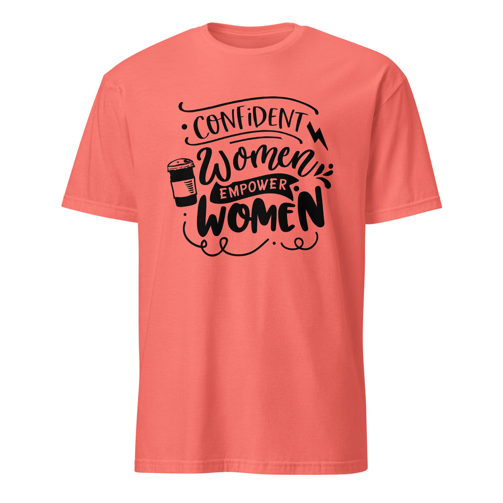 Coral t-shirt with black motivational text design on a white background