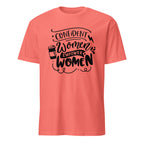Coral t-shirt with black motivational text design on a white background