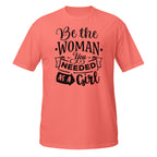 Coral t-shirt with motivational quote on a white background
