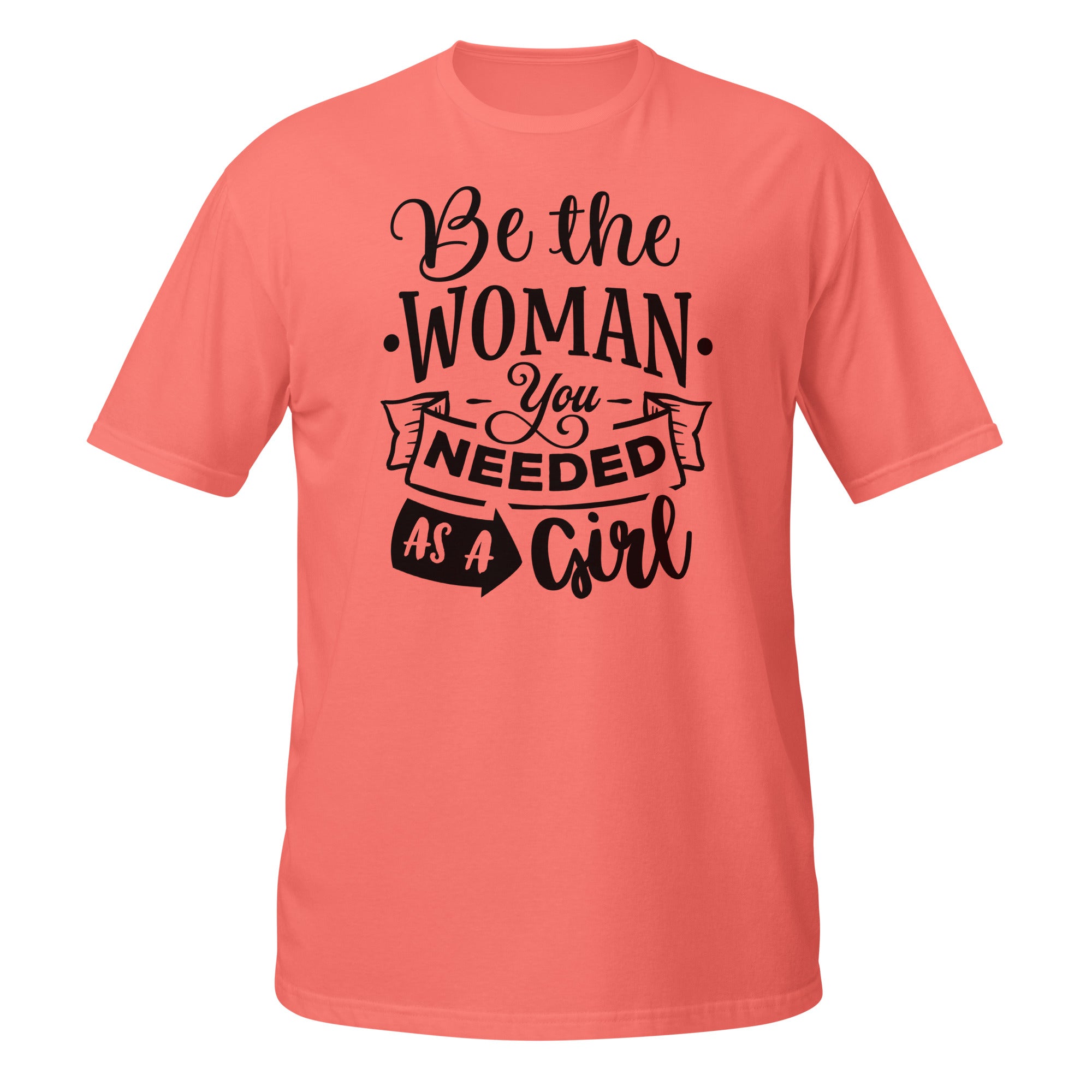 Coral t-shirt with motivational quote on a white background