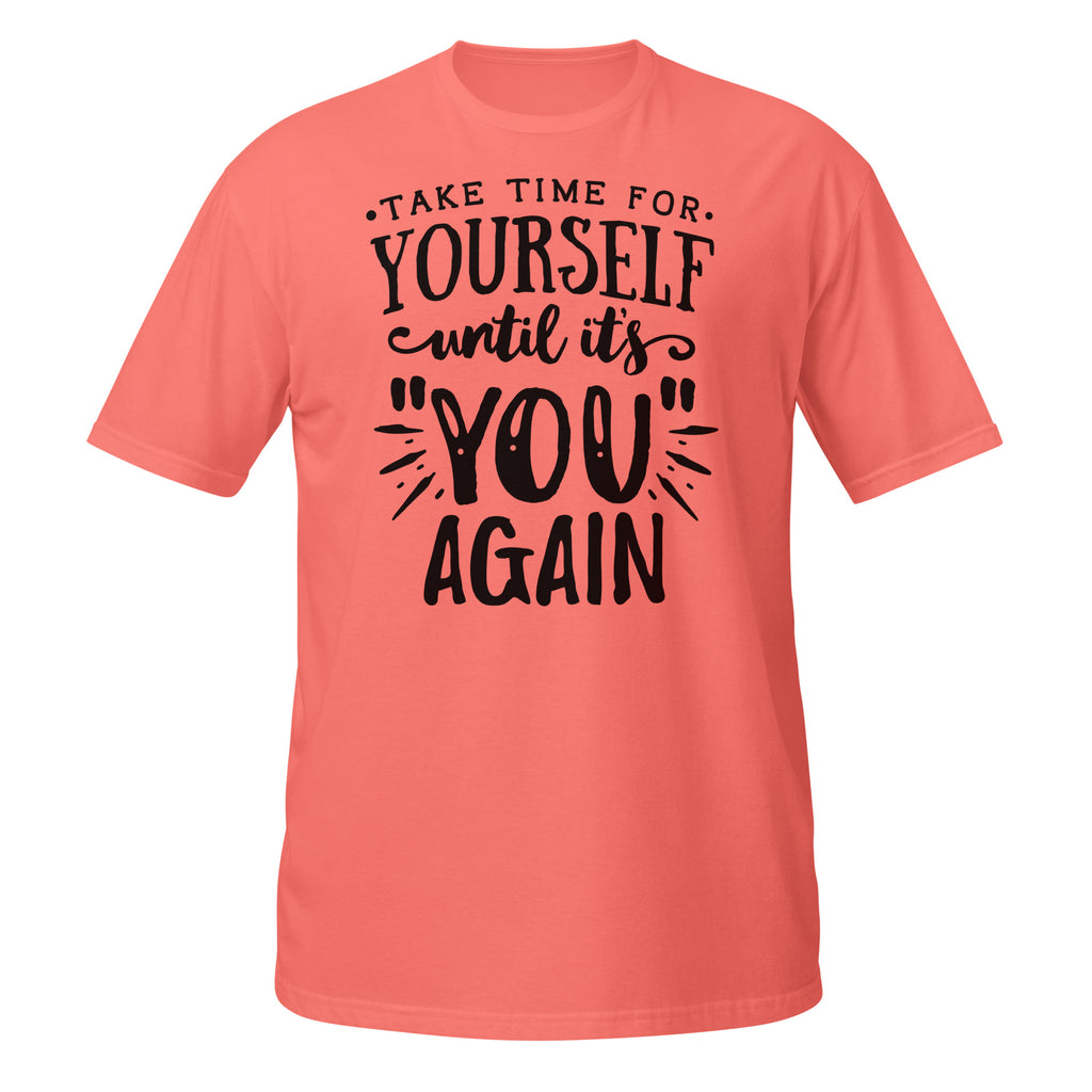 Coral t-shirt with black text on a white background