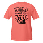 Coral t-shirt with black text on a white background
