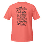 Coral t-shirt with black text and graphics on a white background