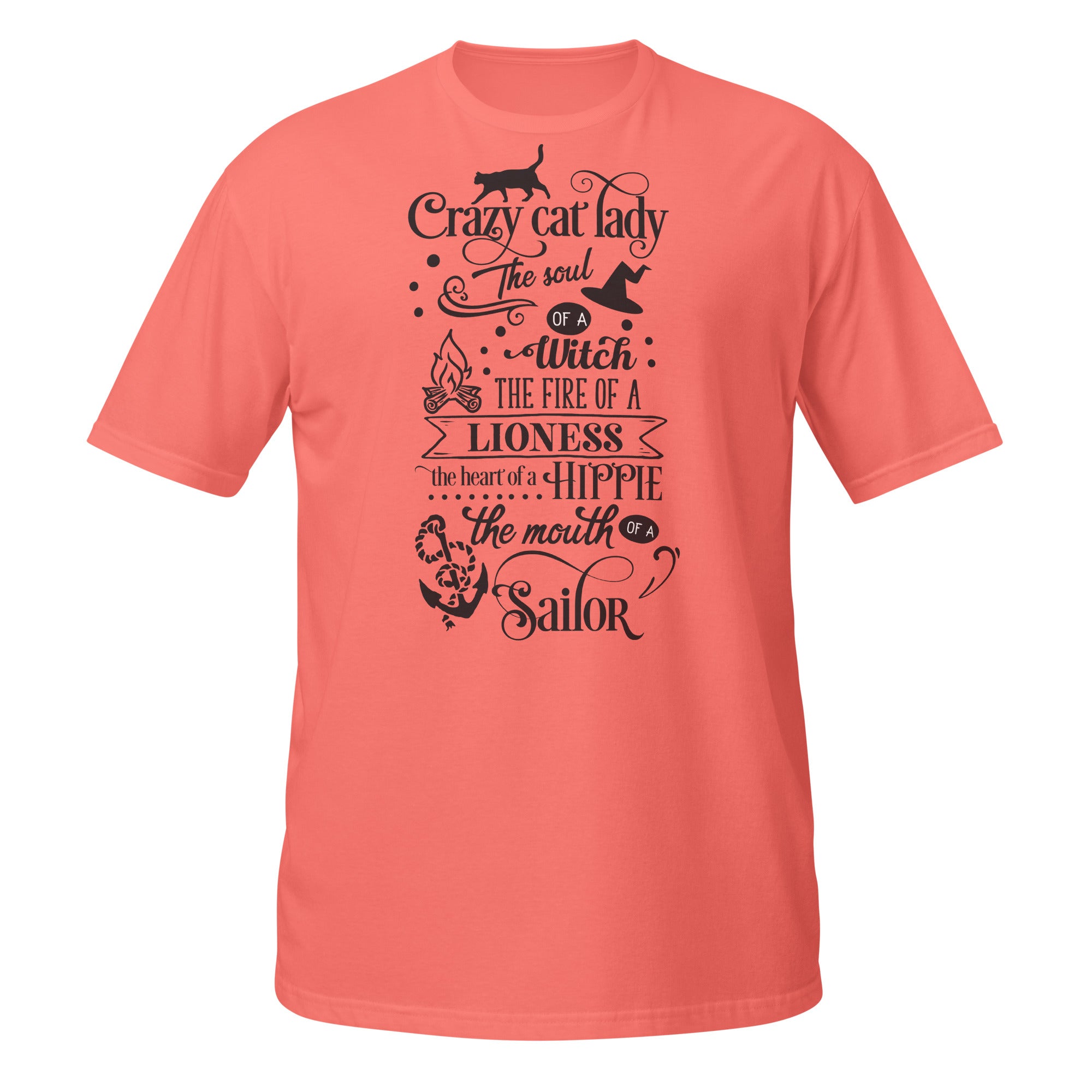 Coral t-shirt with black text and graphics on a white background