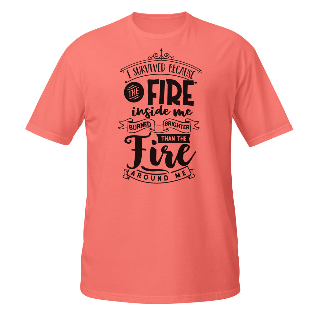 Coral t-shirt with black motivational quote on a white background