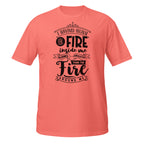 Coral t-shirt with black motivational quote on a white background