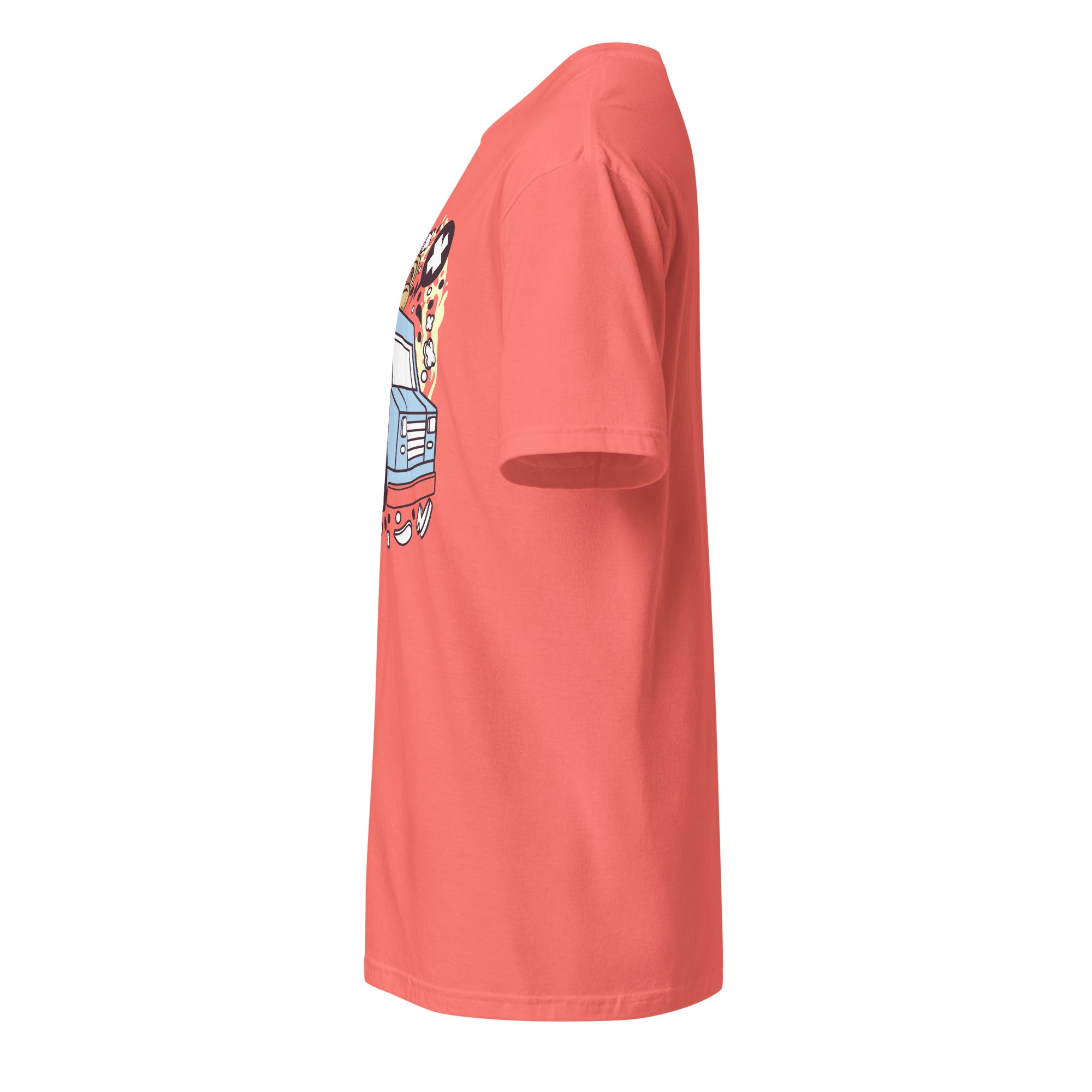 Left view of a plain Coral t-shirt on a white background