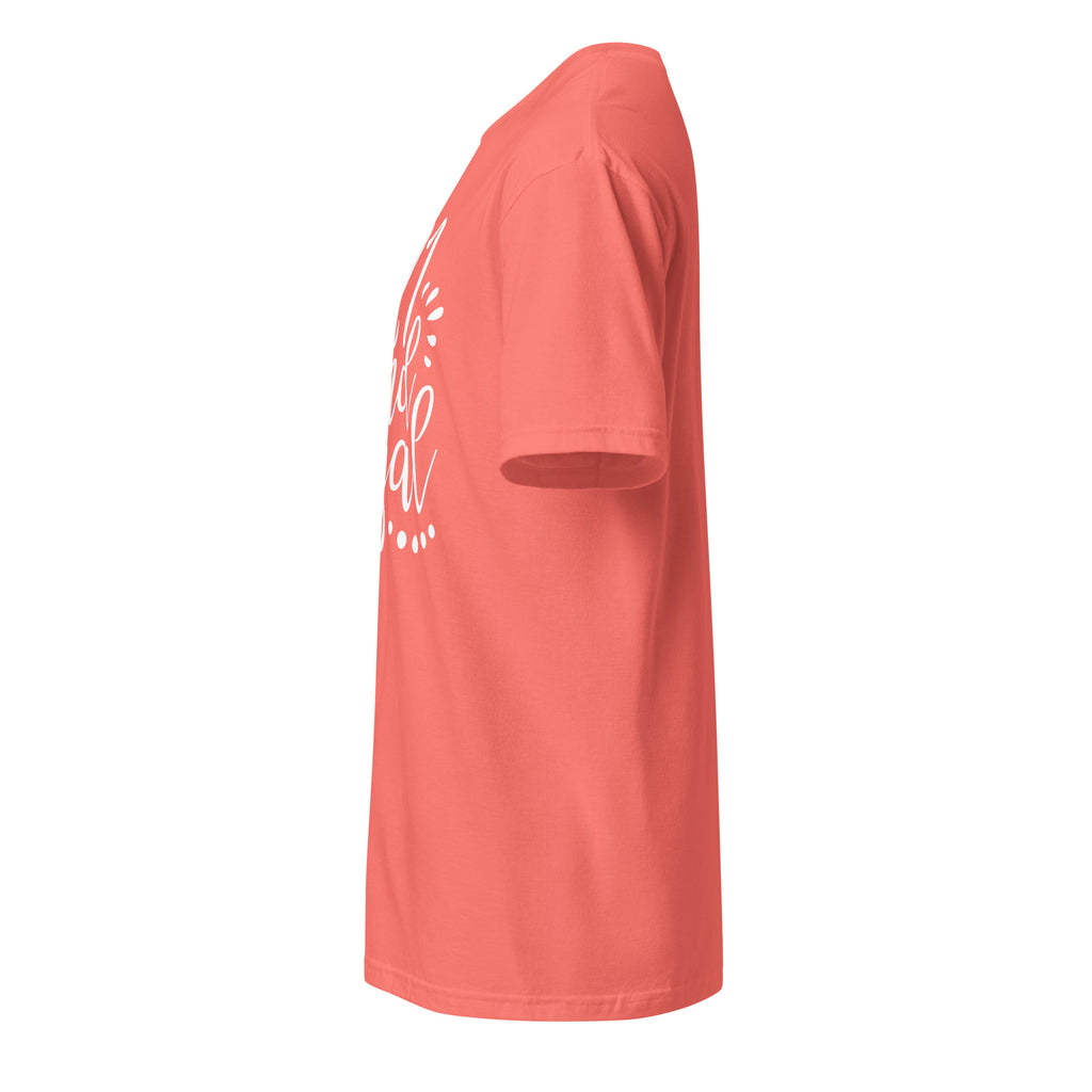 Left view of coral t-shirt on a white background