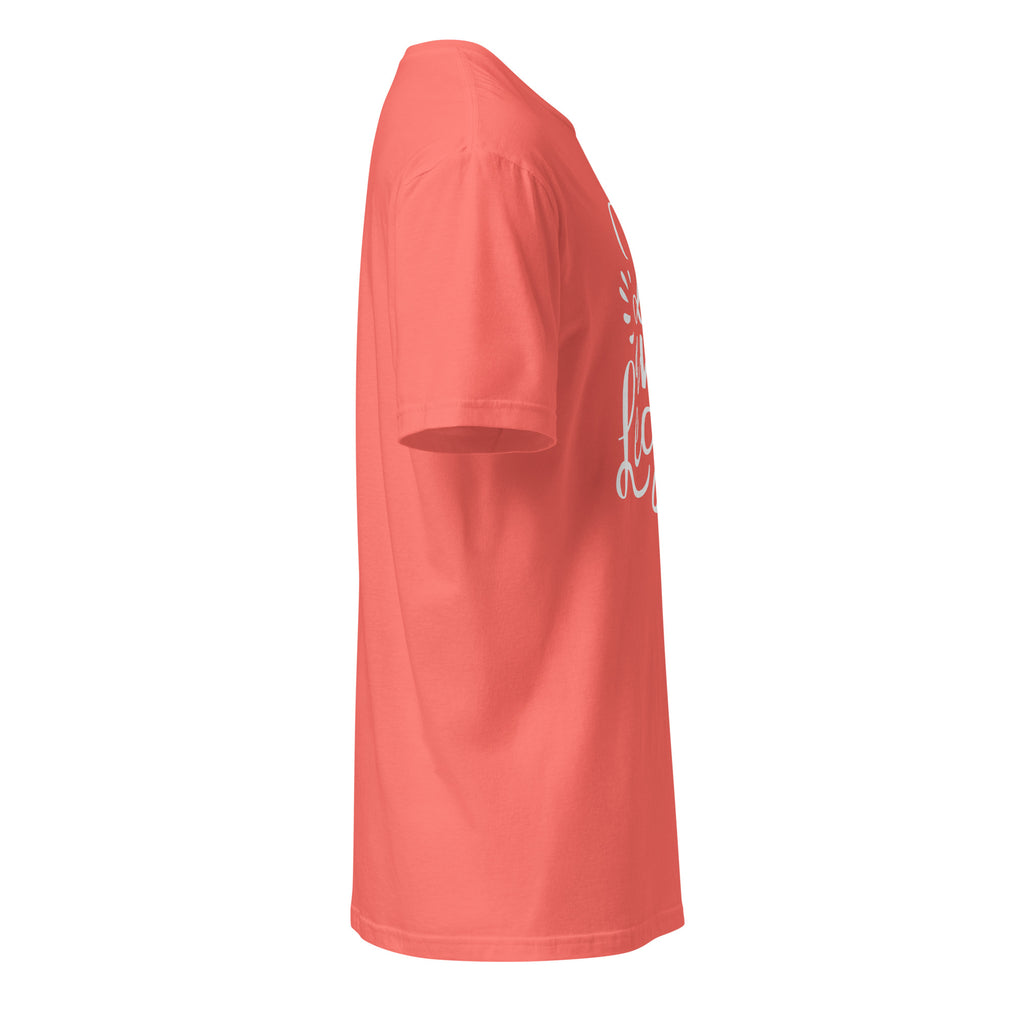Right view of coral t-shirt on a white background