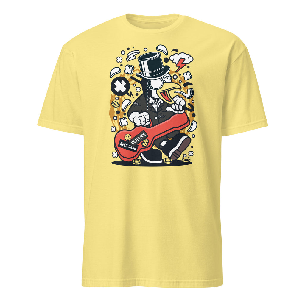 Yellow t-shirt with a graphic design of a penguin character playing a guitar on a white background