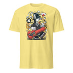 Yellow t-shirt with a graphic design of a penguin character playing a guitar on a white background