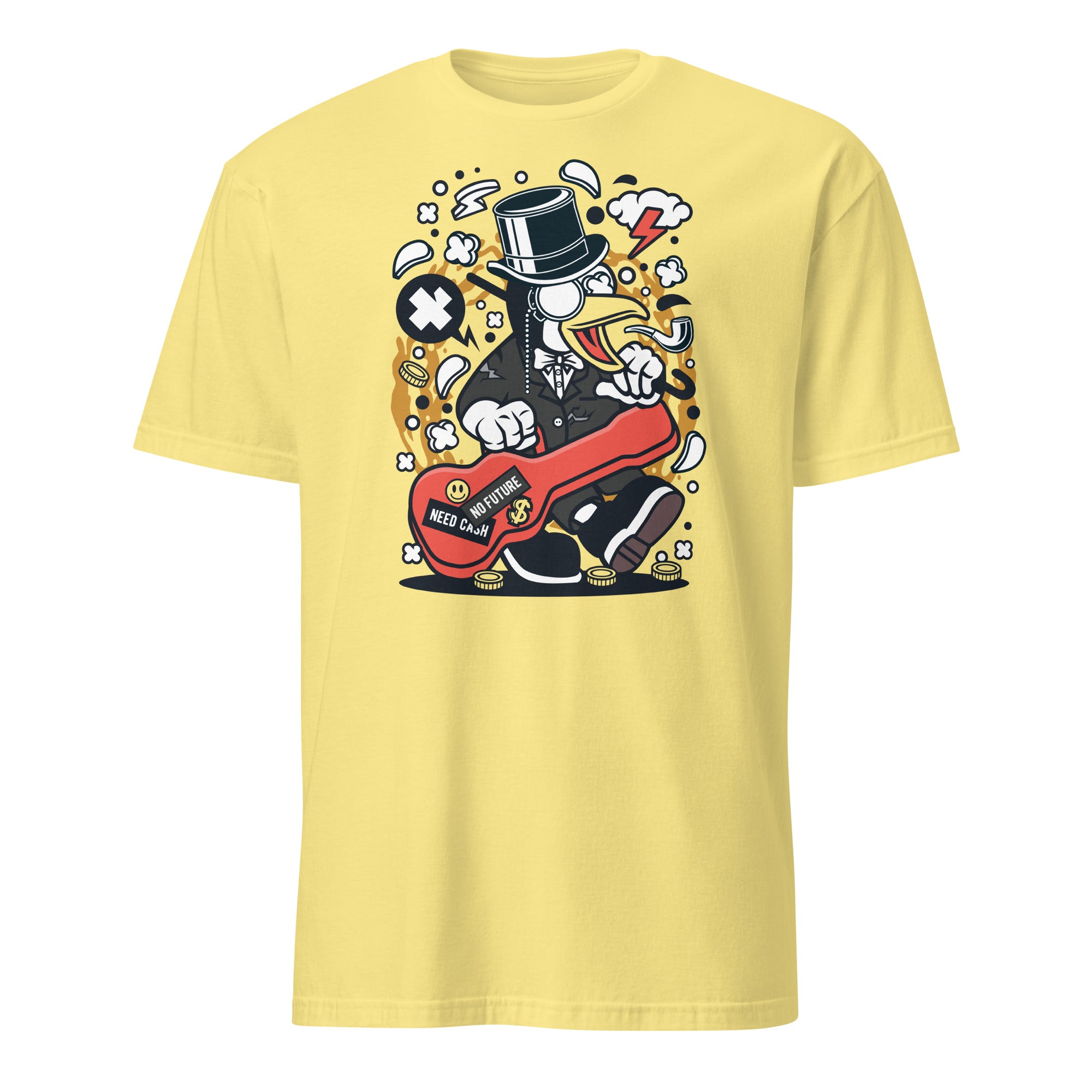 Yellow t-shirt with a graphic design of a penguin character playing a guitar on a white background