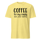 Daisy t-shirt with black text 'COFFEE for my sanity and your safety' on a white background