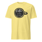 Yellow t-shirt with a black coffee cup graphic and text on a white background
