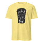Yellow t-shirt with a black coffee cup graphic and text on a white background