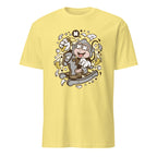 Yellow t-shirt with a cartoon monkey design on a white background