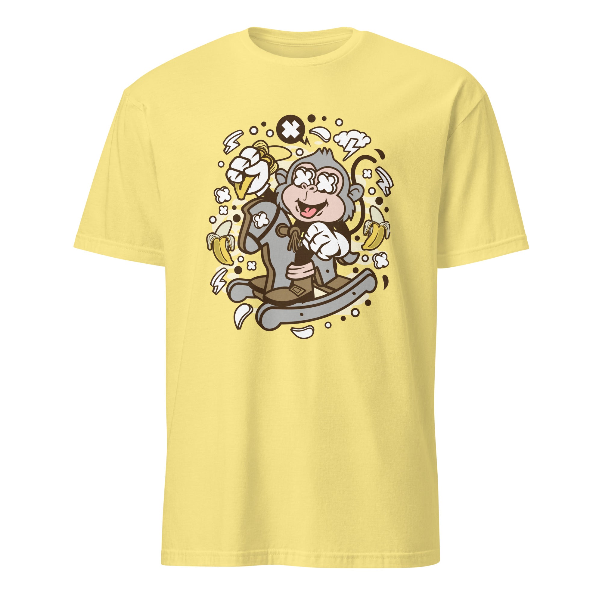 Yellow t-shirt with a cartoon monkey design on a white background