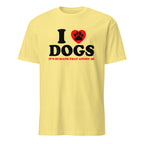 Yellow t-shirt with 'I ❤️ DOGS IT'S HUMANS THAT ANNOY ME' text and graphic on a white background