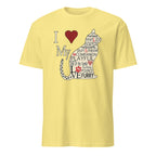 Yellow t-shirt with a cat graphic and text on a white background