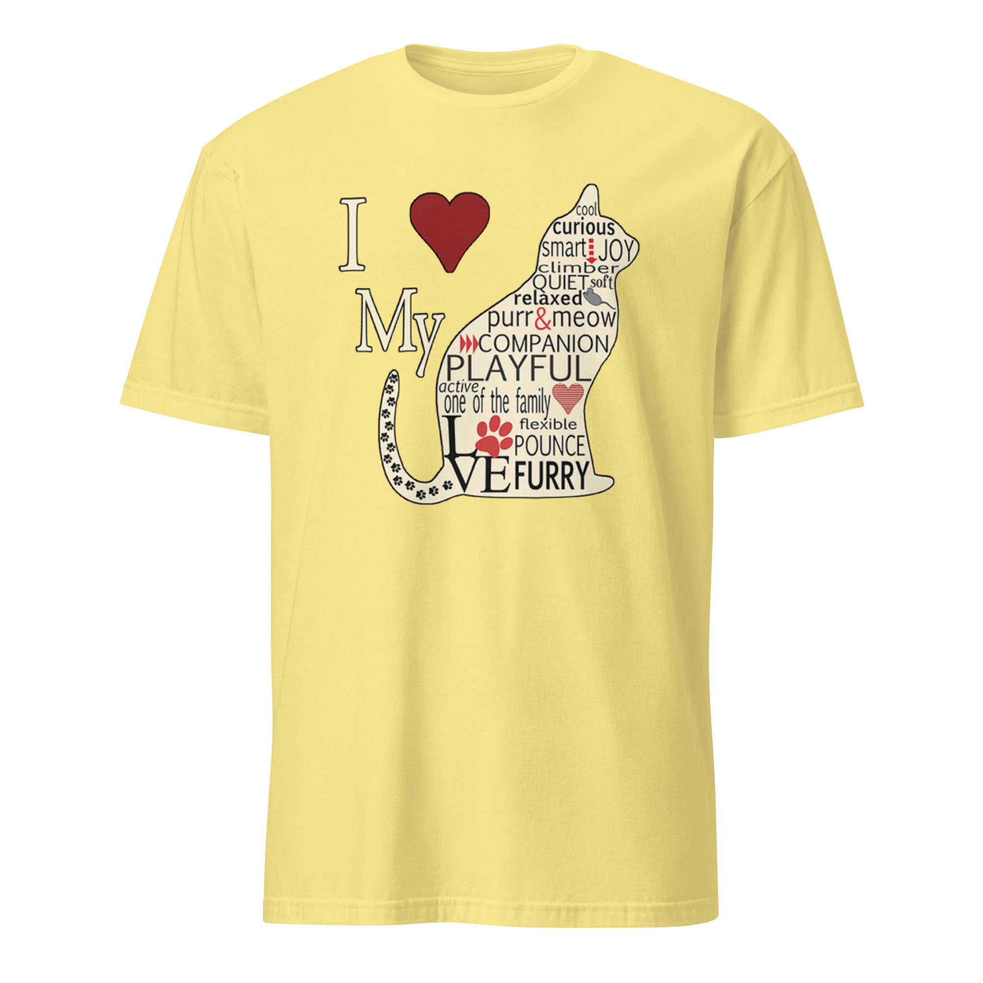 Yellow t-shirt with a cat graphic and text on a white background