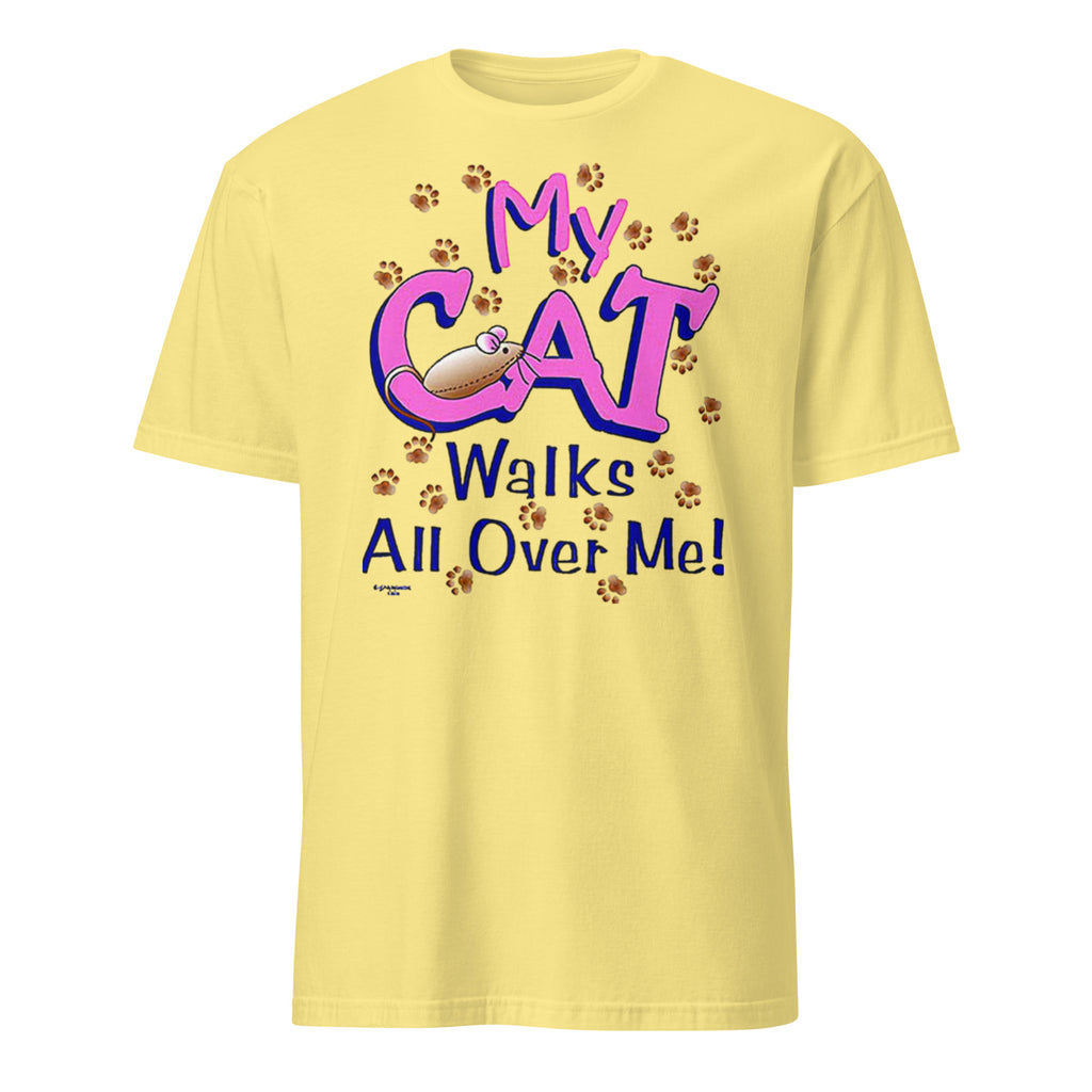 Daisy t-shirt with 'My Cat Walks All Over Me!' text and paw prints on a white background