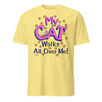 Daisy t-shirt with 'My Cat Walks All Over Me!' text and paw prints on a white background