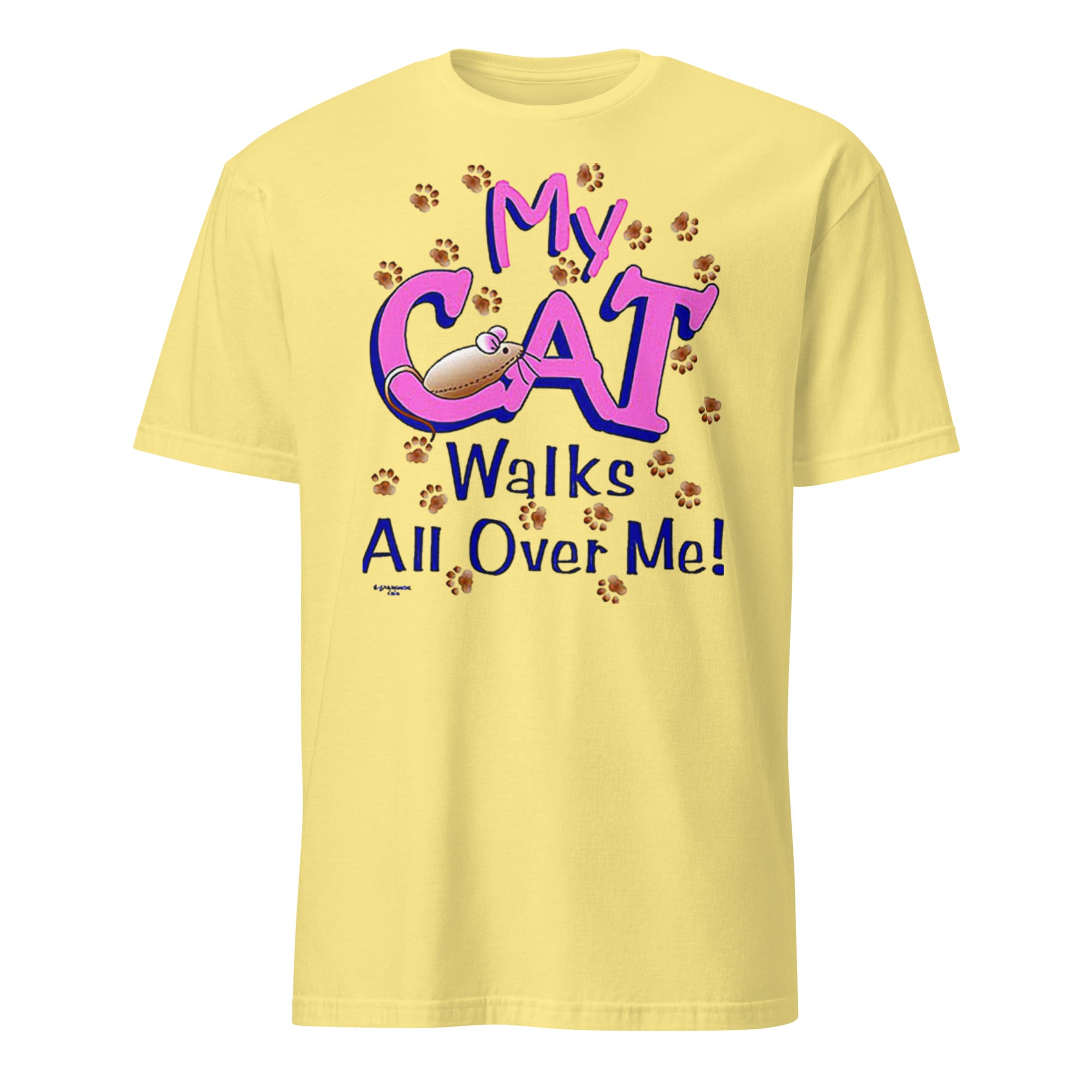 Daisy t-shirt with 'My Cat Walks All Over Me!' text and paw prints on a white background