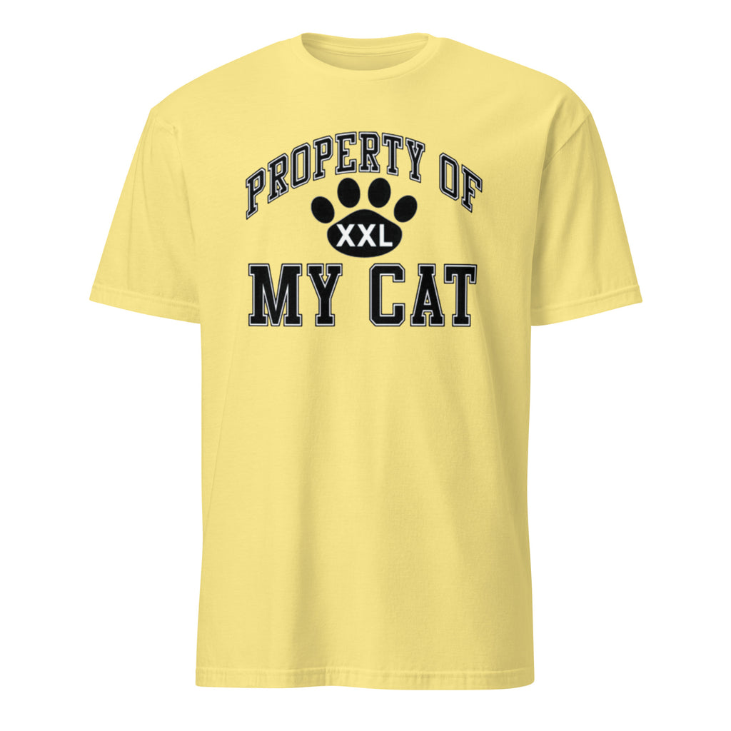 Yellow t-shirt with 'Property of My Cat' text and paw print design on a white background