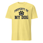 Yellow t-shirt with 'Property of My Dog' text and paw print design on a white background