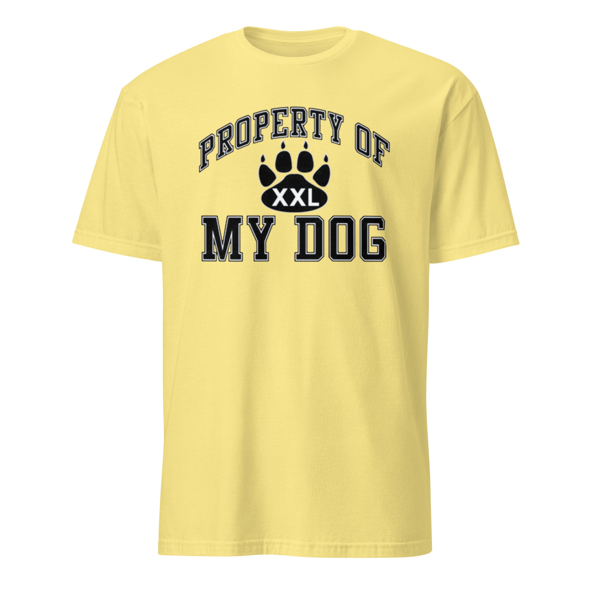 Yellow t-shirt with 'Property of My Dog' text and paw print design on a white background