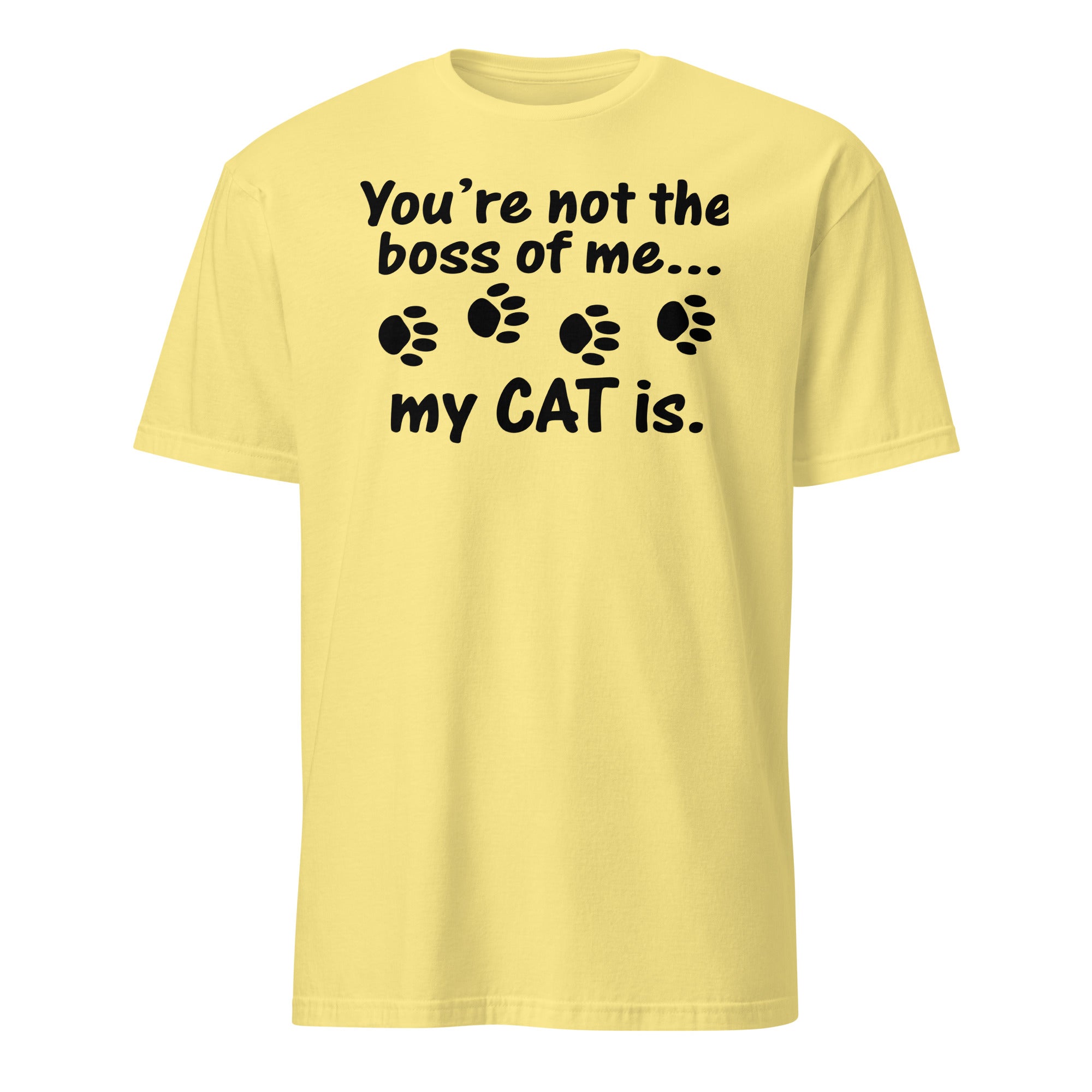 Yellow t-shirt with black text and paw prints on a white background