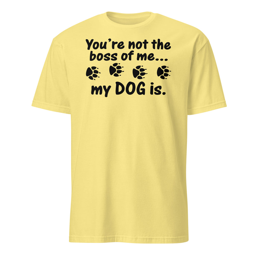 Yellow t-shirt with black text and paw prints on a white background