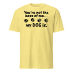 Yellow t-shirt with black text and paw prints on a white background