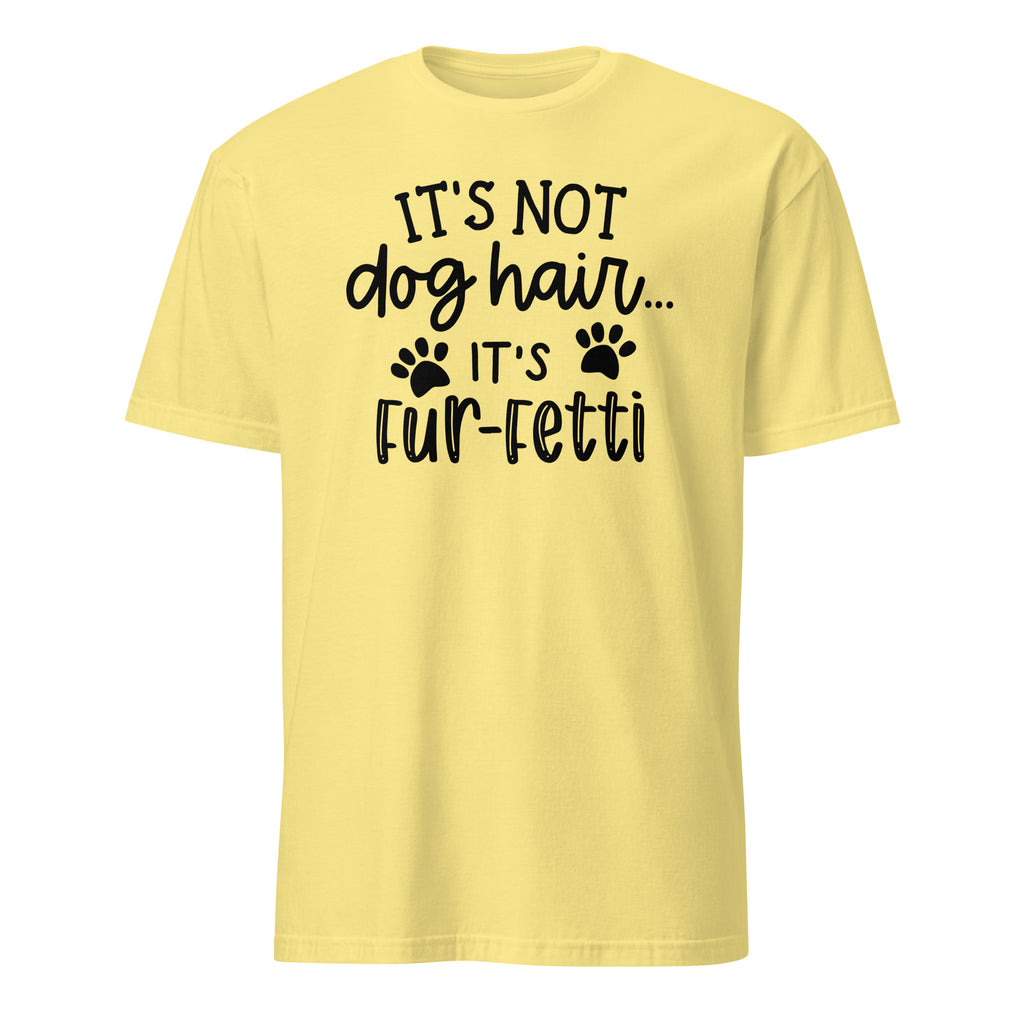 Yellow t-shirt with black text and paw prints on a white background