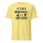 Yellow t-shirt with black text and paw prints on a white background