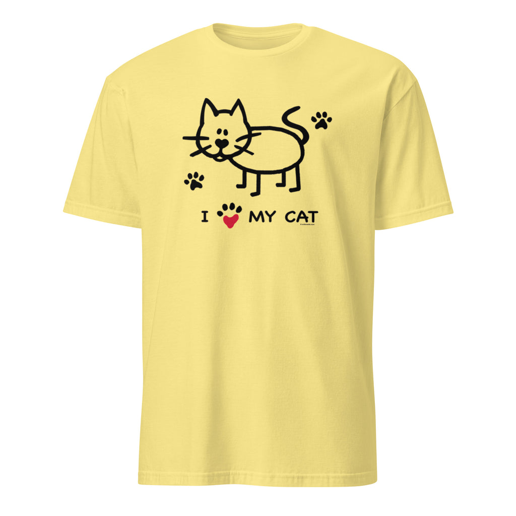 Yellow t-shirt with a cat graphic and 'I love my cat' text on a white background