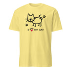Yellow t-shirt with a cat graphic and 'I love my cat' text on a white background