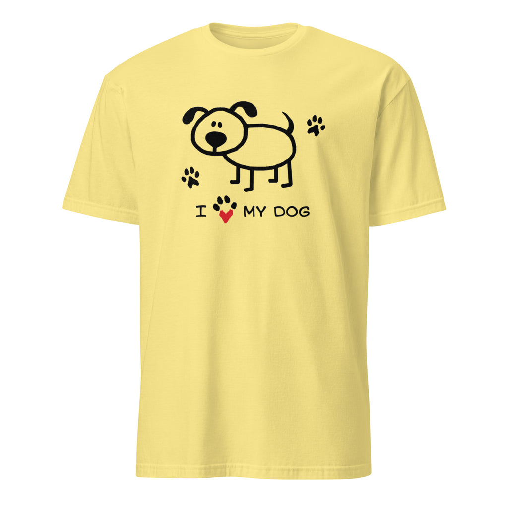 Yellow t-shirt with a dog graphic and 'I love my dog' text on a white background